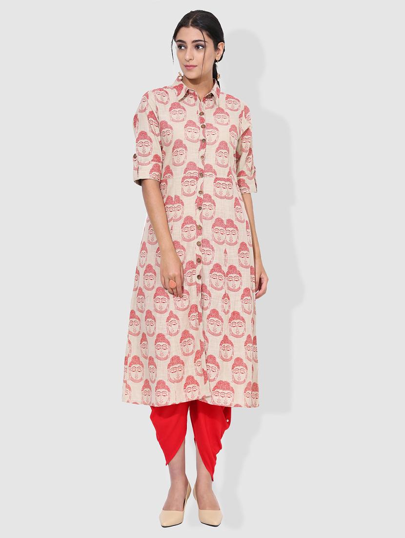 red cotton a-line kurta - 15101234 - Zoom Image - 1