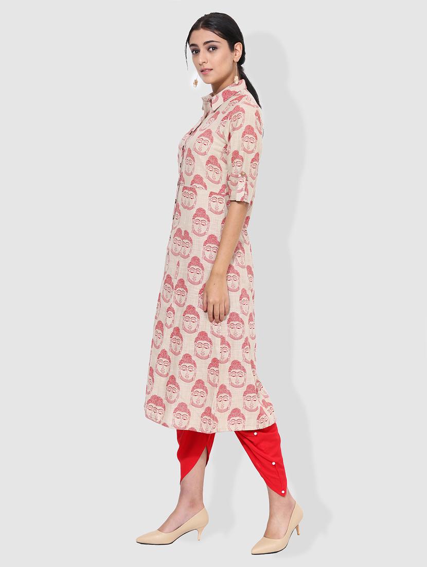 red cotton a-line kurta - 15101234 - Zoom Image - 2