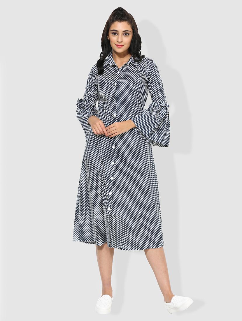 blue cotton fusion check kurta - 15101260 - Zoom Image - 1