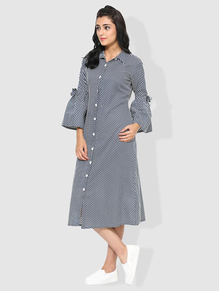 blue cotton fusion check kurta - 15101260 - Zoom Image - 2