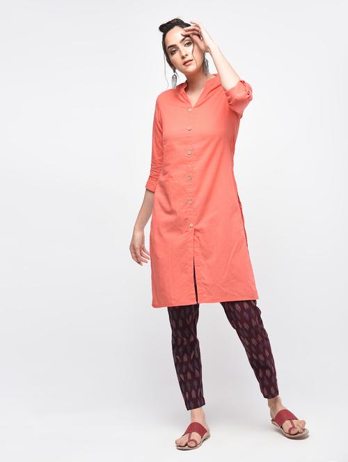 peach cotton solid kurta - 15101336 - Standard Image - 1