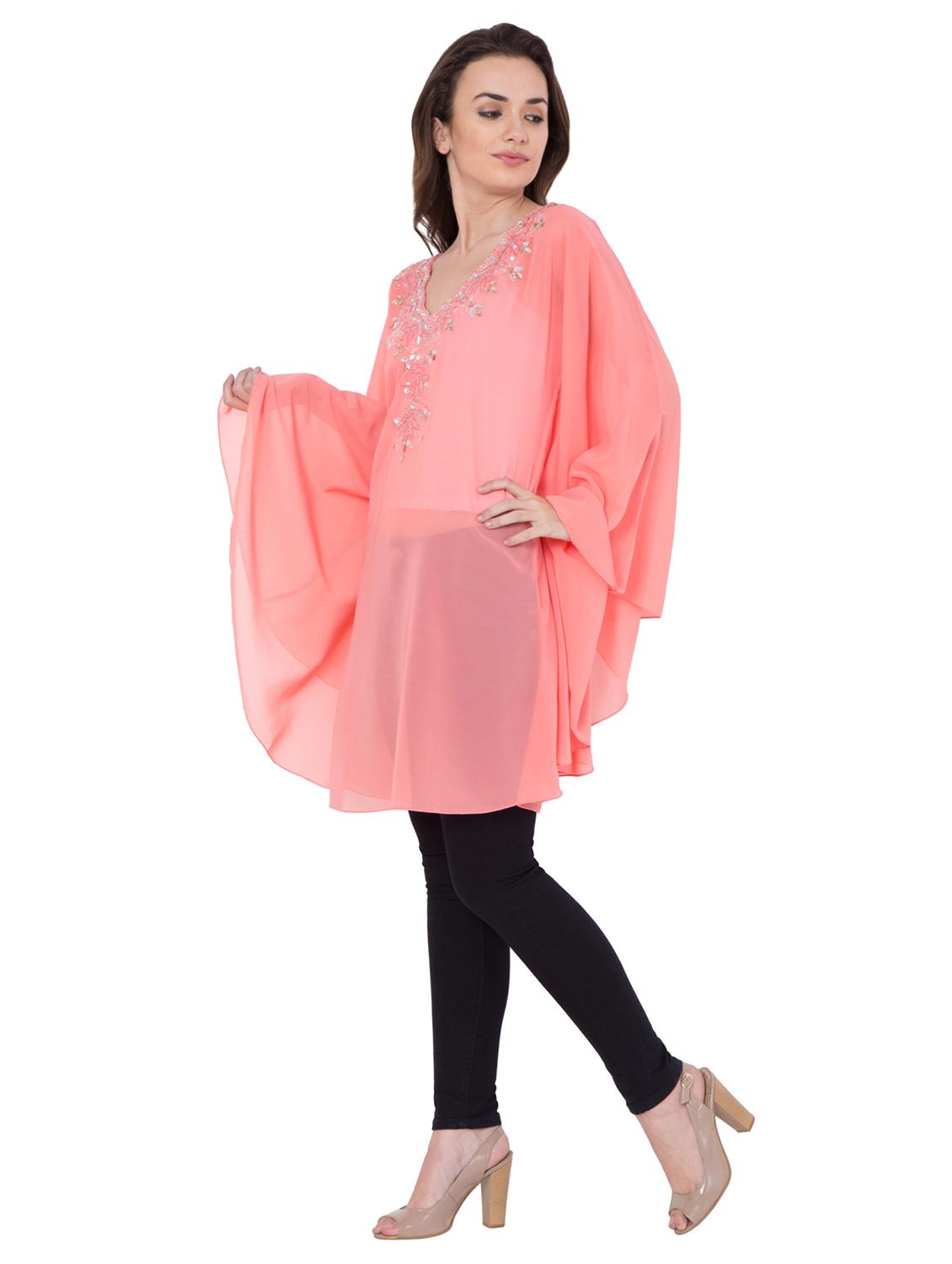 pink solid georgette kaftan - 15101379 - Zoom Image - 2