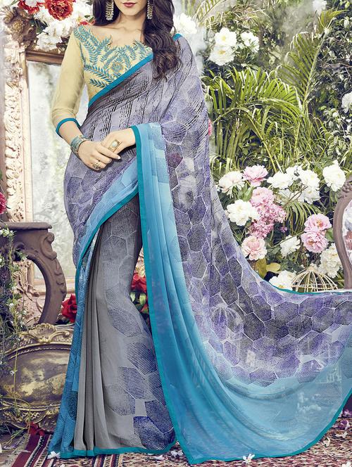 grey georgette printed saree with blouse - 15102678 - Standard Image - 1