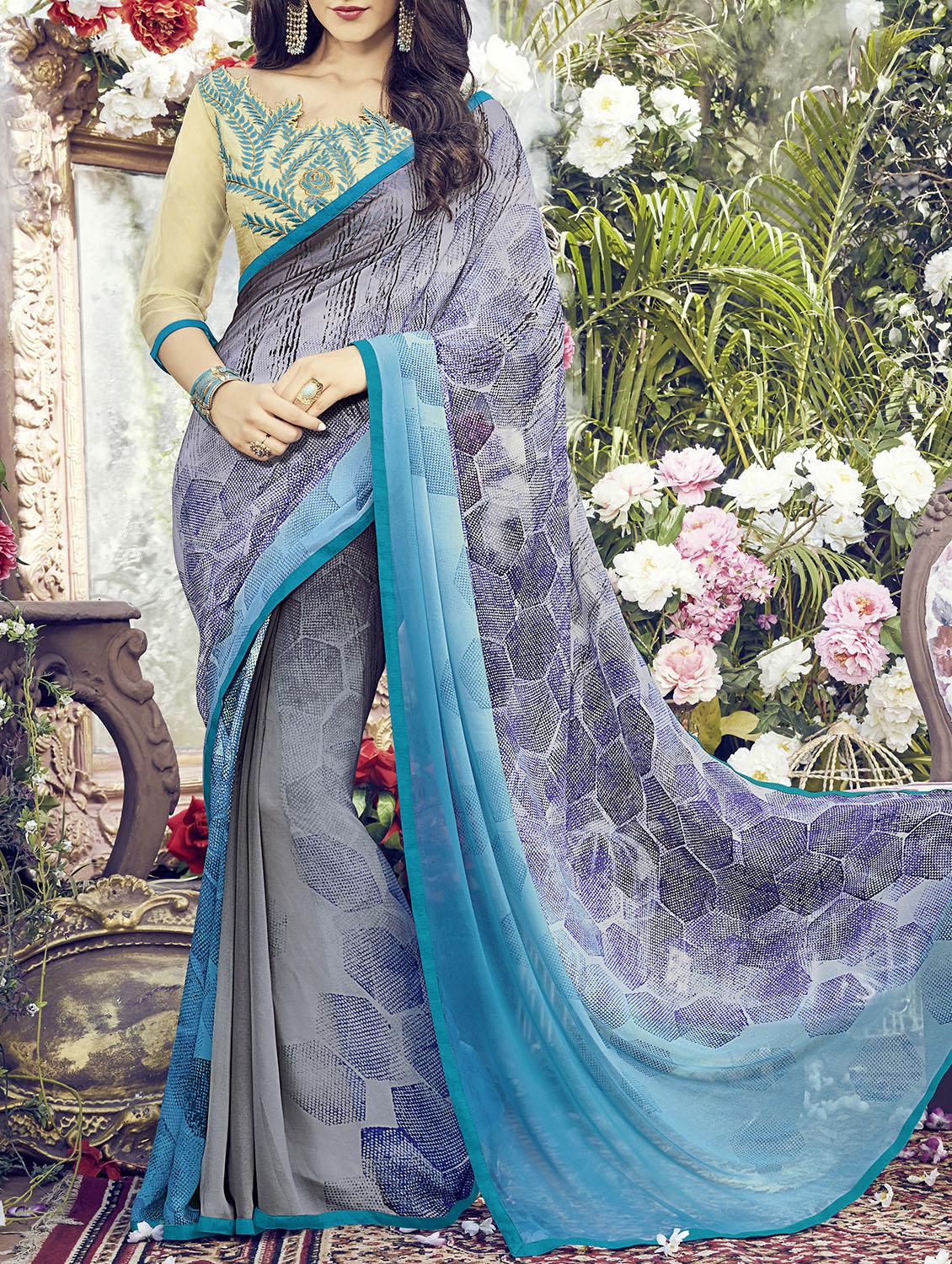 grey georgette printed saree with blouse - 15102678 - Zoom Image - 1