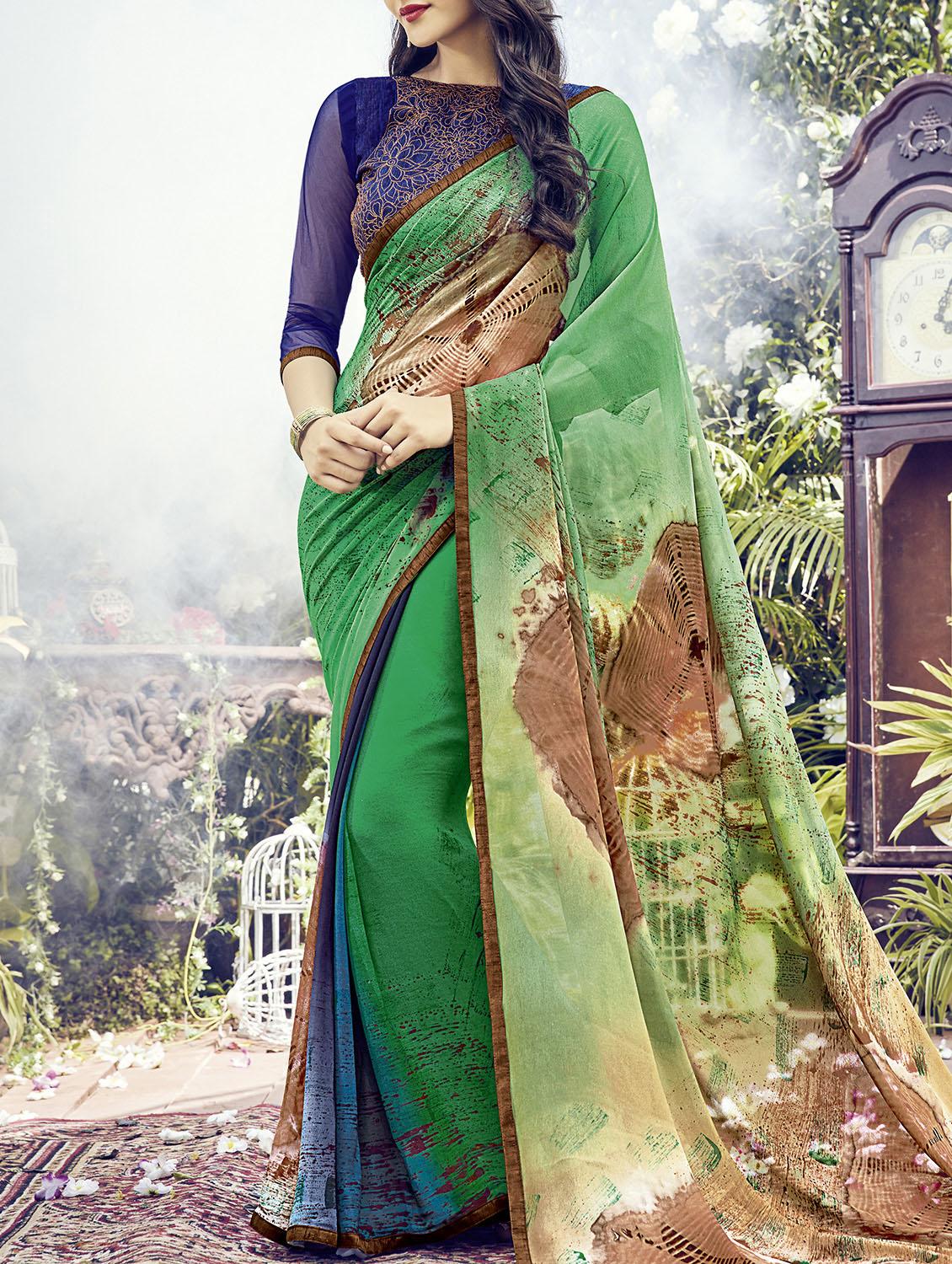 green georgette printed saree with blouse - 15102679 - Zoom Image - 1