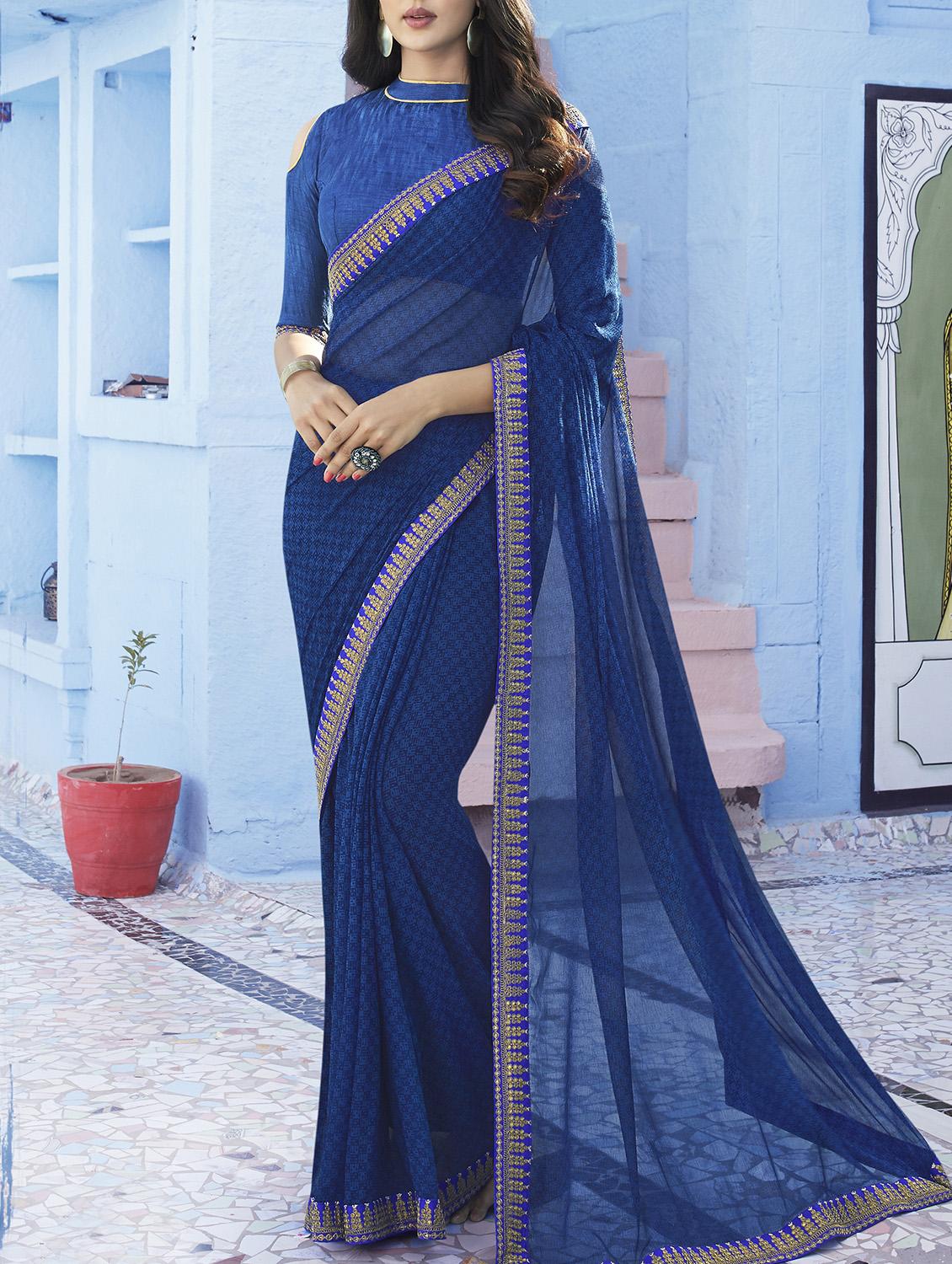 blue printed saree with blouse - 15102683 - Zoom Image - 1