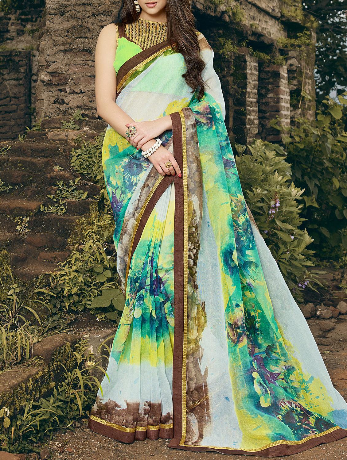 white cotton printed saree with blouse - 15102728 - Zoom Image - 1