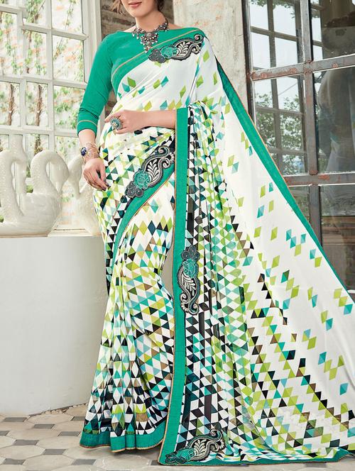 white georgette printed saree with blouse - 15102749 - Standard Image - 1