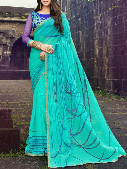 turquoise cotton blend printed saree with blouse - 15102758 - Very Small Image - 1