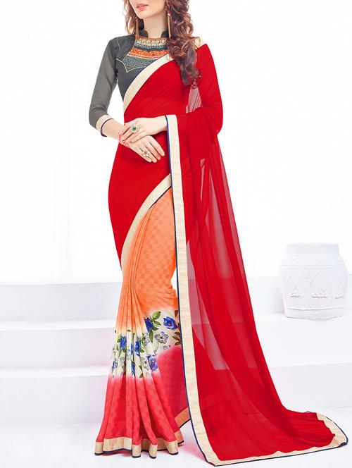red georgette half and half saree with blouse - 15102776 - Standard Image - 1