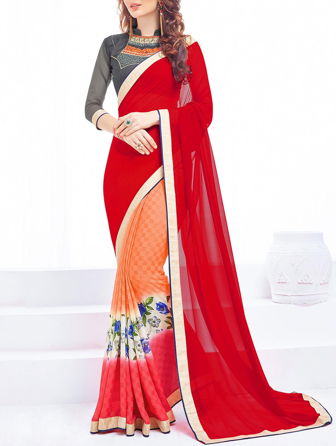 red georgette half and half saree with blouse - 15102776 - Zoom Image - 1