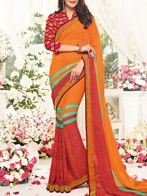 orange georgette printed saree with blouse - 15102797 - Standard Image - 1