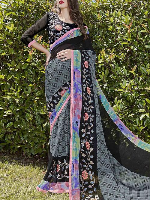 grey georgette printed saree with blouse - 15102802 - Standard Image - 1