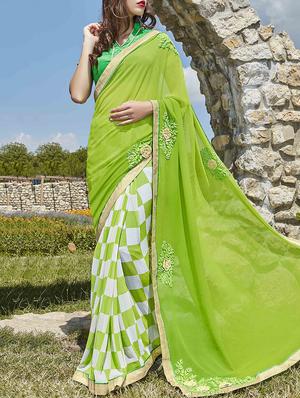 green georgette half and half saree with blouse - 15102804 - Standard Image - 1