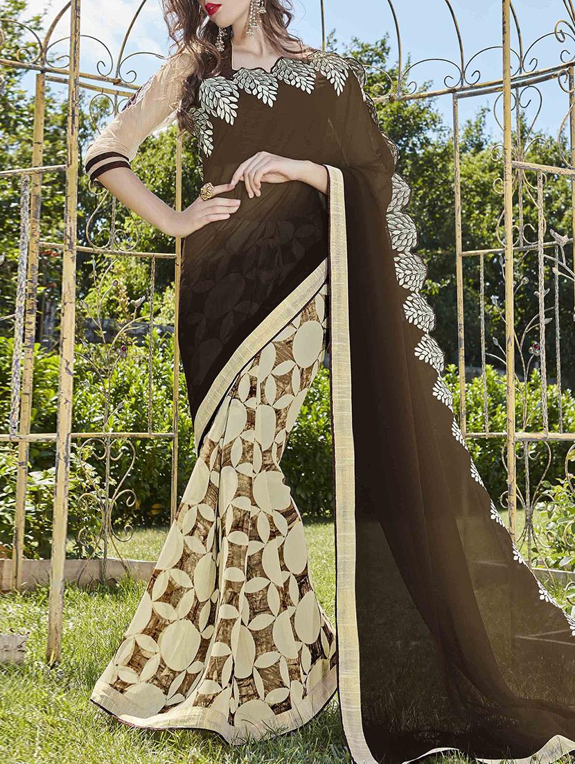 brown georgette half and half saree with blouse - 15102806 - Zoom Image - 1
