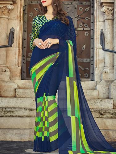 blue georgette printed saree with blouse - 15102814 - Very Small Image - 1