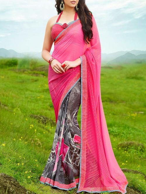 pink georgette half and half saree with blouse - 15102835 - Standard Image - 1