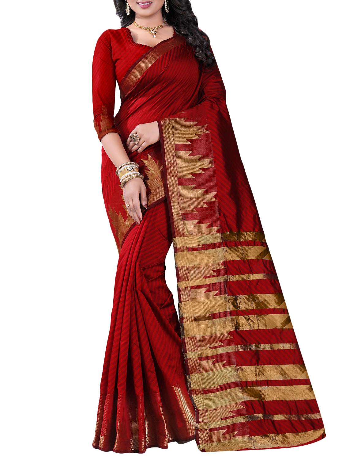 red cotton silk woven saree with blouse - 15103391 - Zoom Image - 1