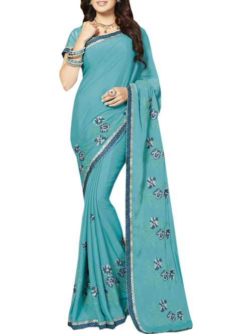 sky blue georgette embroidered saree with blouse - 15104955 - Standard Image - 1