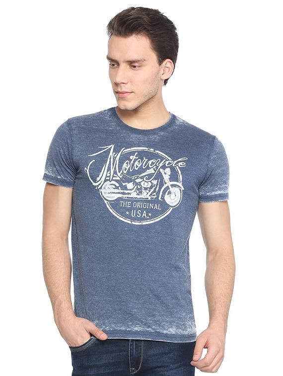 blue cotton blend chest print t-shirt - 15105971 - Zoom Image - 1