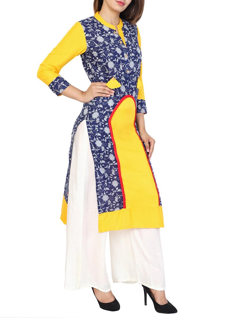 yellow cotton straight kurta - 15106250 - Zoom Image - 1