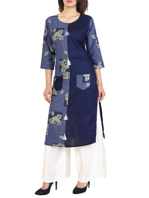 blue cotton straight kurta - 15106264 - Standard Image - 1