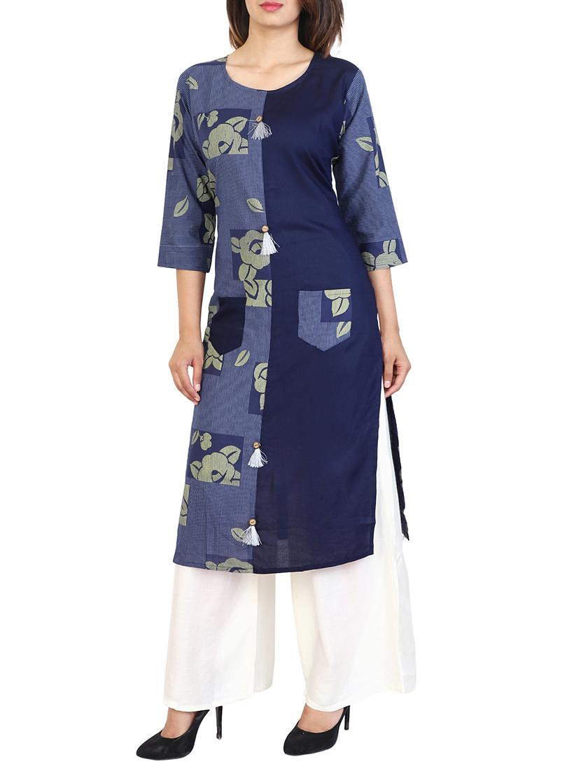 blue cotton straight kurta - 15106264 - Zoom Image - 1