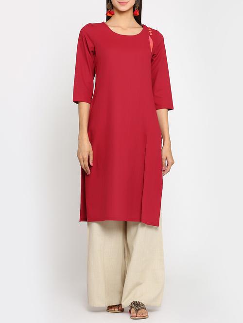 red cotton solid straight kurta - 15106826 - Standard Image - 1