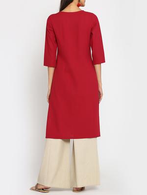 red cotton solid straight kurta - 15106826 - Standard Image - 3