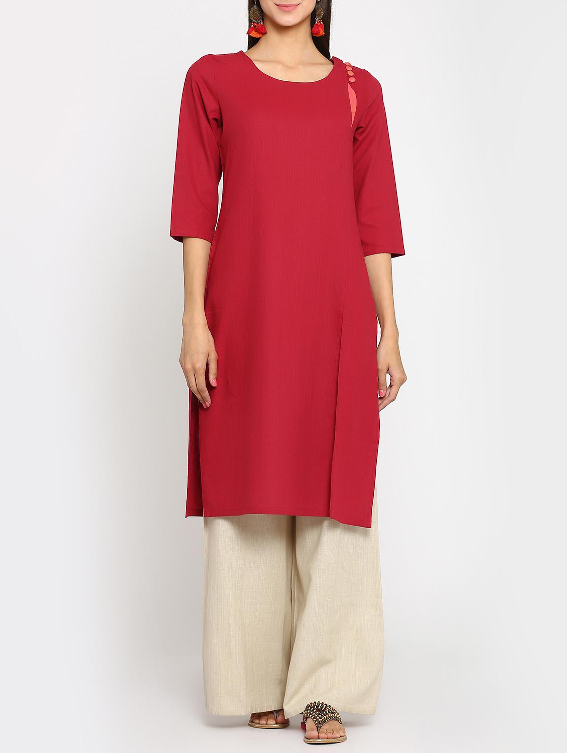 red cotton solid straight kurta - 15106826 - Zoom Image - 1
