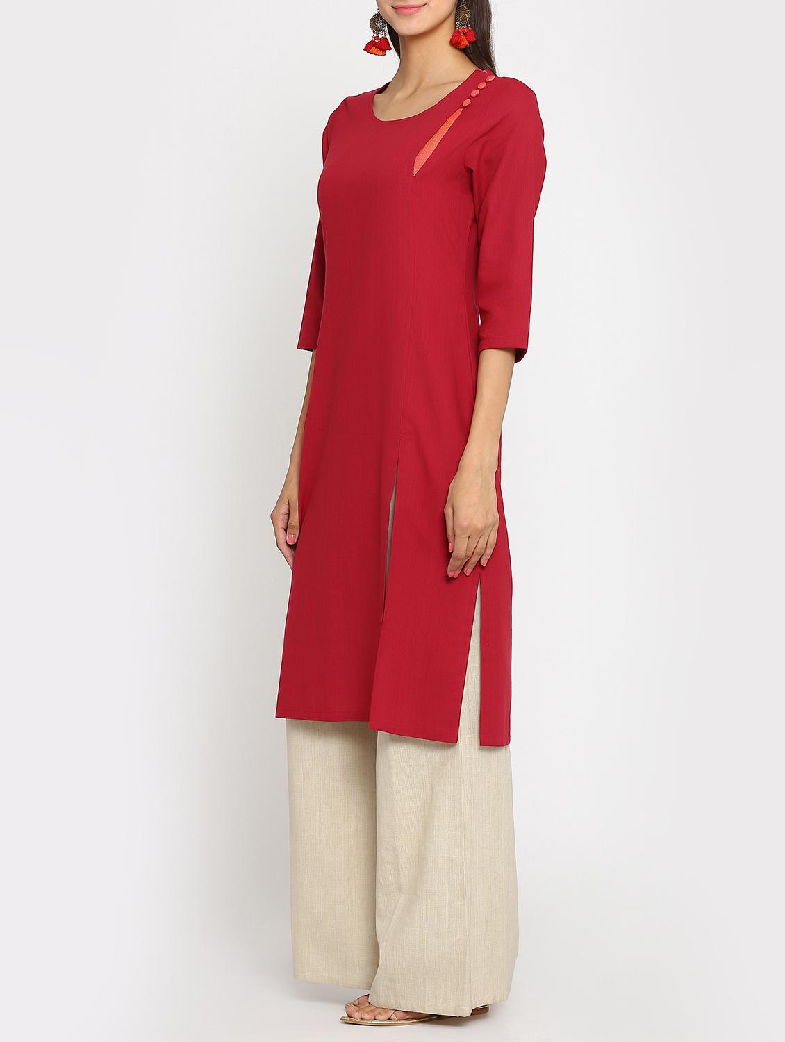 red cotton solid straight kurta - 15106826 - Zoom Image - 2
