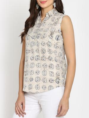 beige cotton printed top - 15106833 - Standard Image - 2