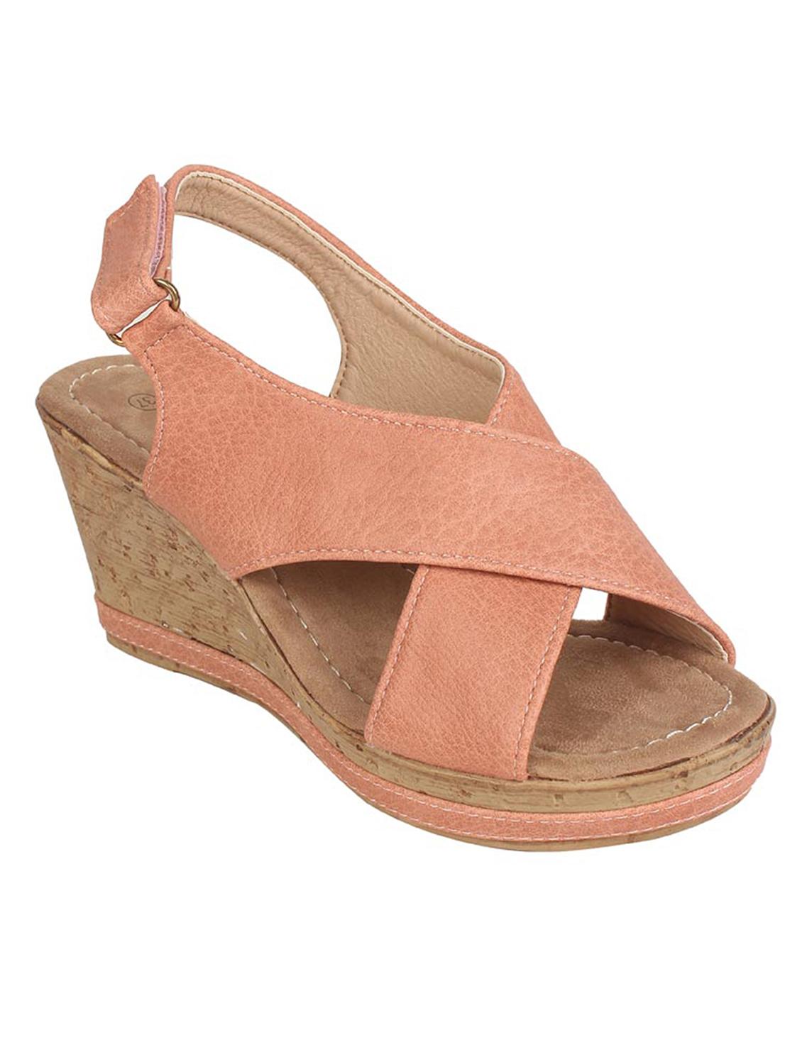 estatos pu peach coloured cross strap open toe platform wedges - 15108217 - Zoom Image - 1