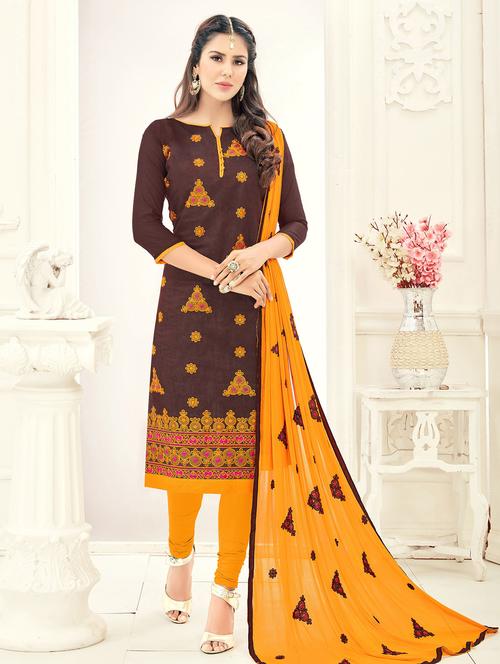 brown embroidered unstitched churidaar suit - 15108383 - Standard Image - 1