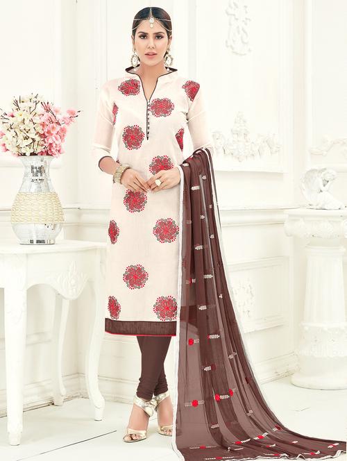 white embroidered unstitched churidaar suit - 15108392 - Standard Image - 1