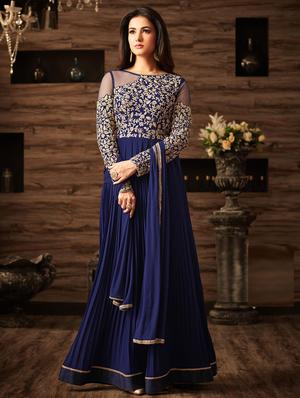 blue embroidered semi-stitched flared suit - 15109066 - Standard Image - 1