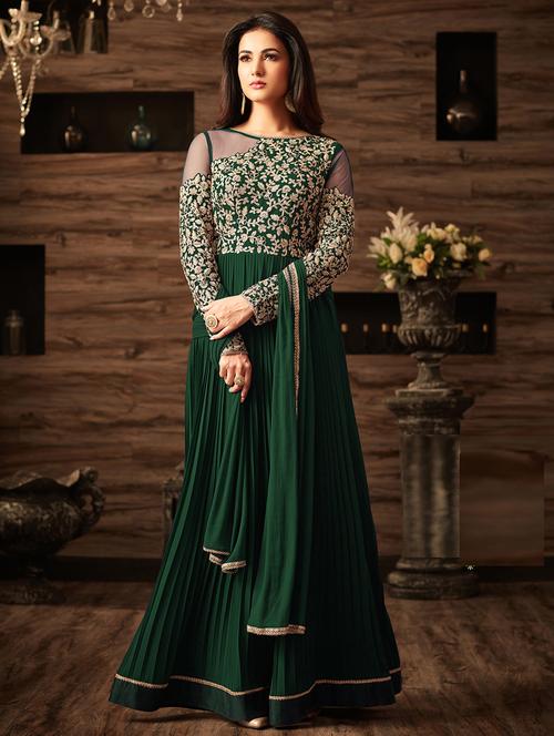 Green embroidered semi-stitched flared suit - 15109067 - Standard Image - 1