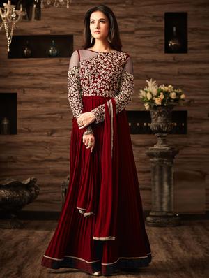 Red embroidered semi-stitched flared suit - 15109068 - Standard Image - 1