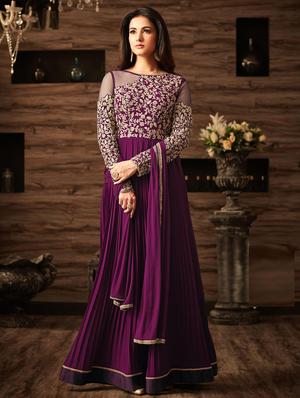 Purple embroidered semi-stitched flared suit - 15109069 - Standard Image - 1