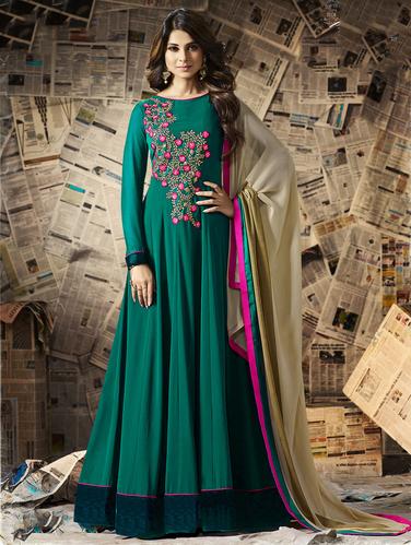 Green embroidered semi-stitched anarkali suit - 15109077 - Very Small Image - 1