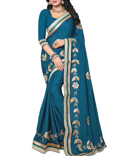 turquoise chiffon embroidered saree with blouse - 15109958 - Very Small Image - 1