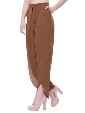 brown solid crepe pleated trouser - 15110216 - Standard Image - 2