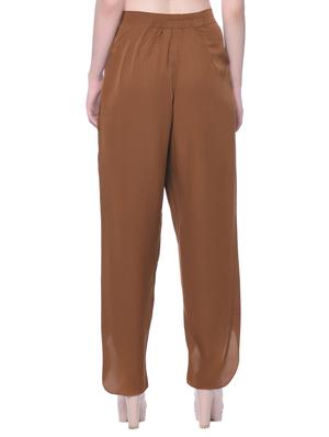 brown solid crepe pleated trouser - 15110216 - Standard Image - 3