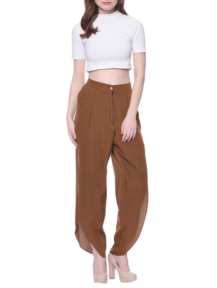 brown solid crepe pleated trouser - 15110216 - Zoom Image - 4
