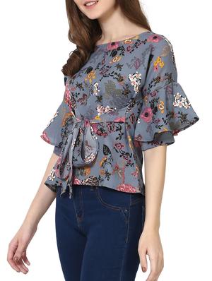 floral belted ruffle sleeve top - 15111501 - Standard Image - 2