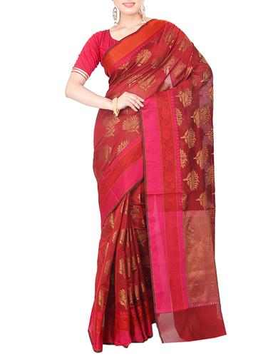 red cotton blend woven saree with blouse - 15111619 - Very Small Image - 1