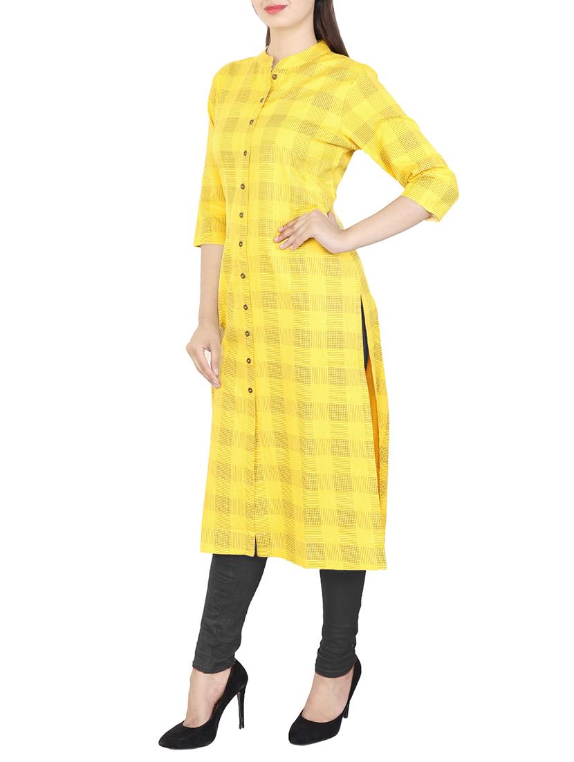 yellow cotton straight kurta - 15112205 - Zoom Image - 2