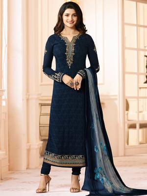 Blue embroidered semi-stitched churidaar suit - 15112652 - Standard Image - 1
