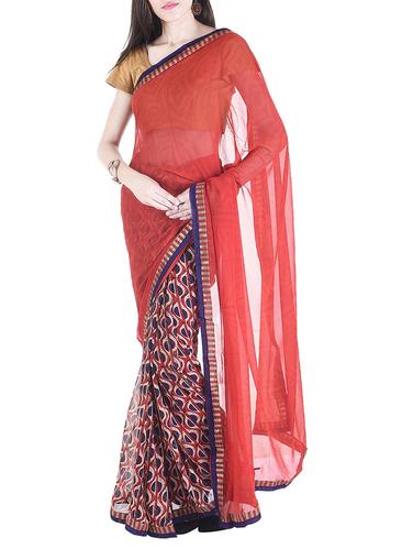 red chiffon half & half saree with blouse - 15112899 - Very Small Image - 1