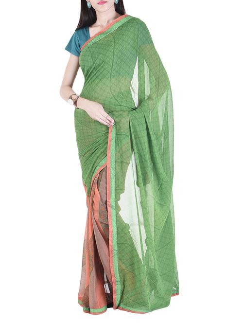 green chiffon half & half saree with blouse - 15112907 - Very Small Image - 1